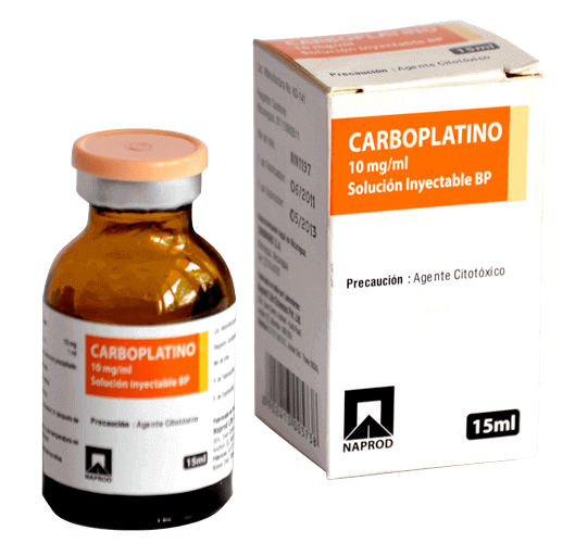 A vial of Carboplatino, a cytotoxic injectable solution, is displayed next to its packaging, indicating it contains 10 mg/ml and is produced by Naprod.